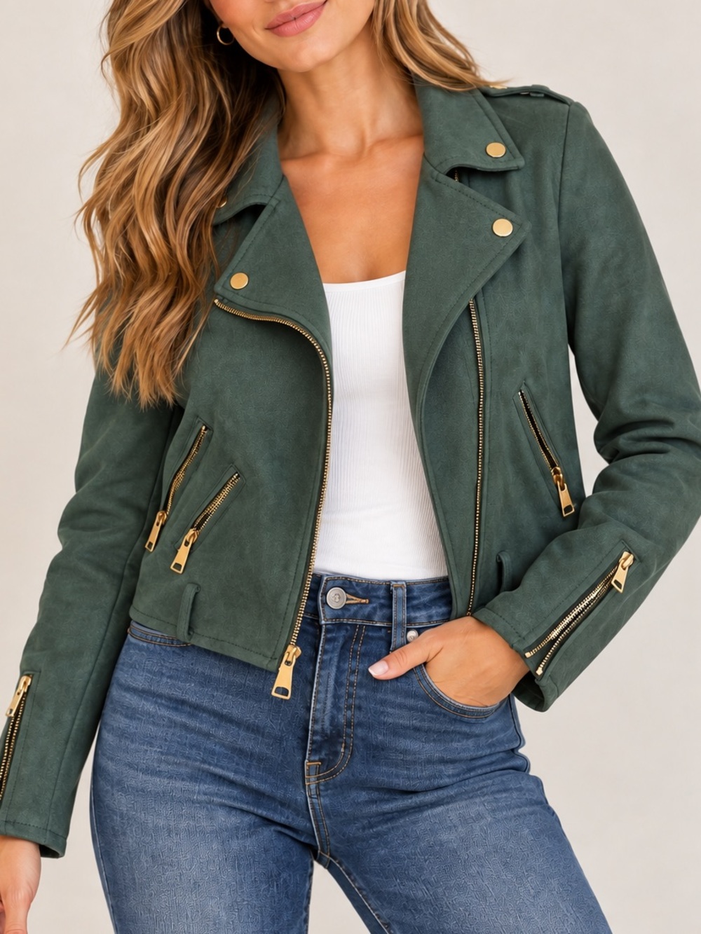 Vigoss Faux Suede Moto Jacket Green Gold Zip Biker Cropped Size XS